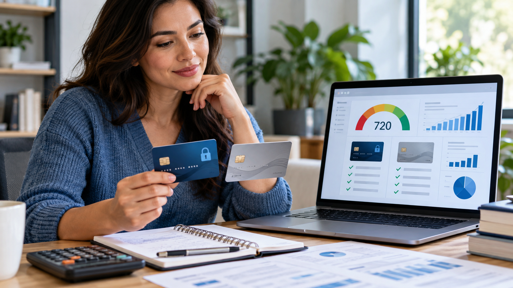 Woman comparing secured and unsecured credit cards while reviewing credit score information on a laptop