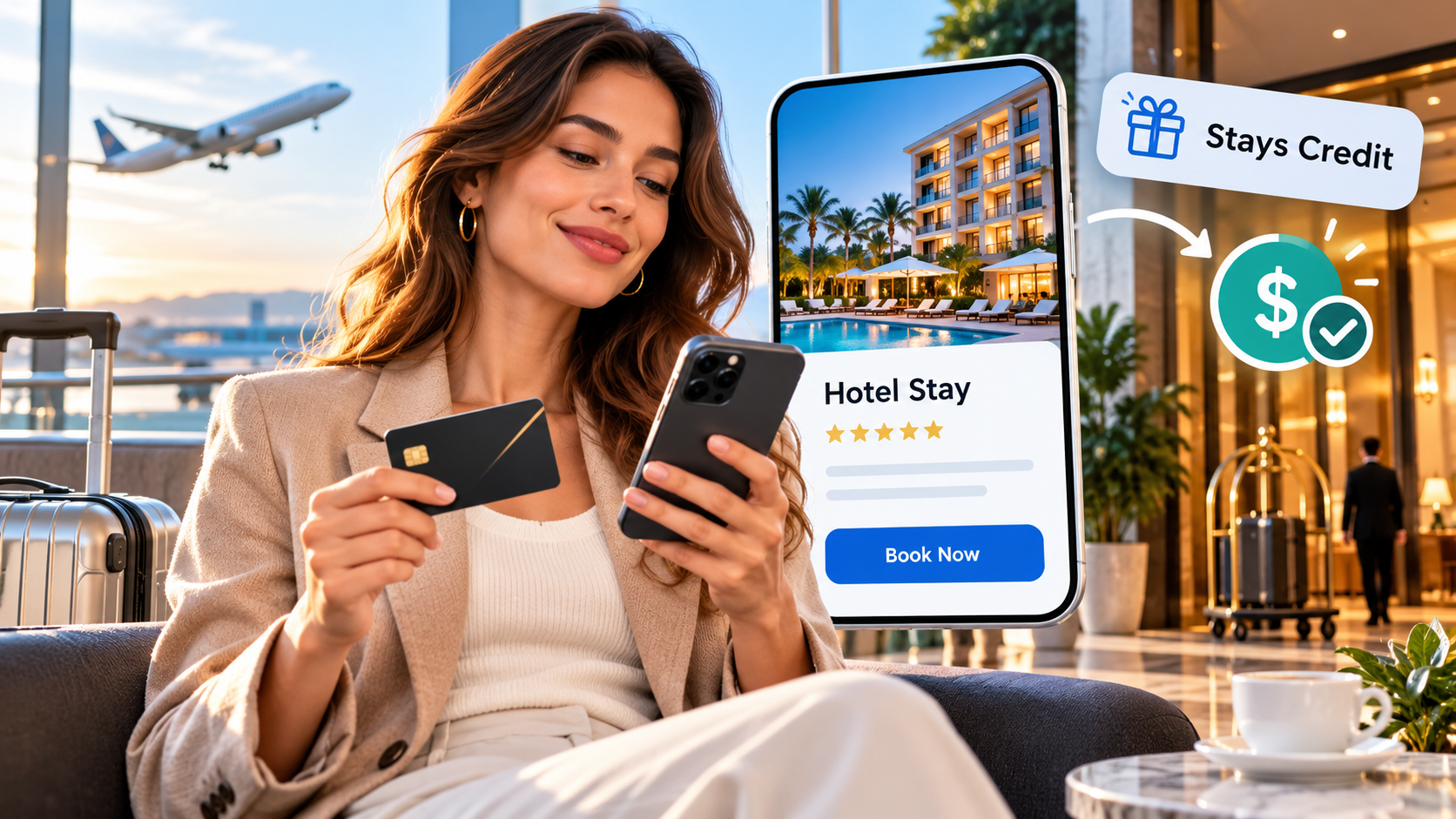 Woman booking a hotel on her phone while holding a travel credit card, with a Stays Credit benefit displayed.