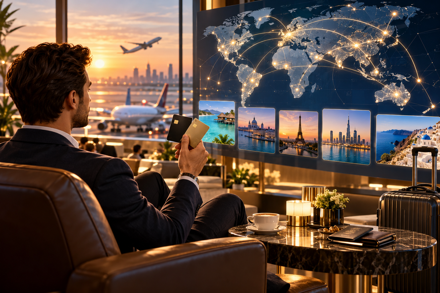 Premium cardholder holding credit cards in an airport lounge with a global travel network map and international destinations.