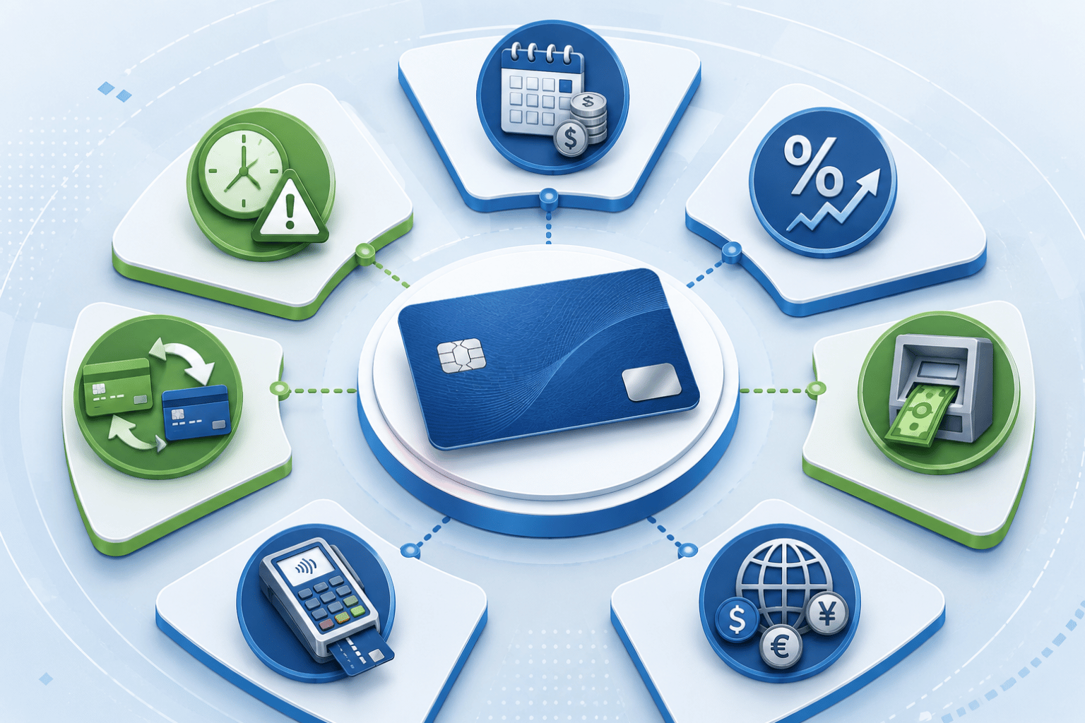 Credit card fee types shown around a generic card