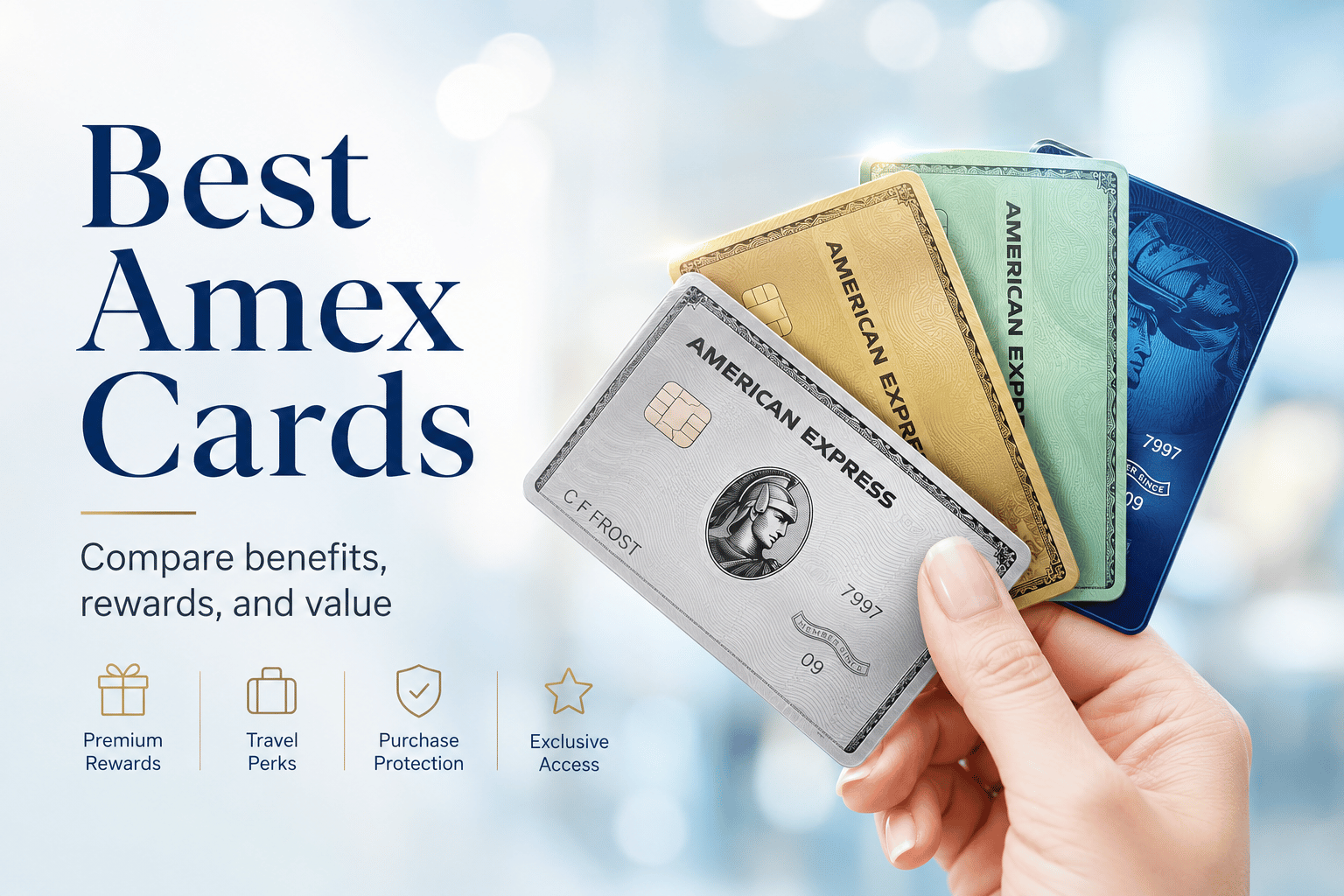 Best Amex cards shown with premium card designs, highlighting rewards, travel perks, purchase protection, and exclusive access.